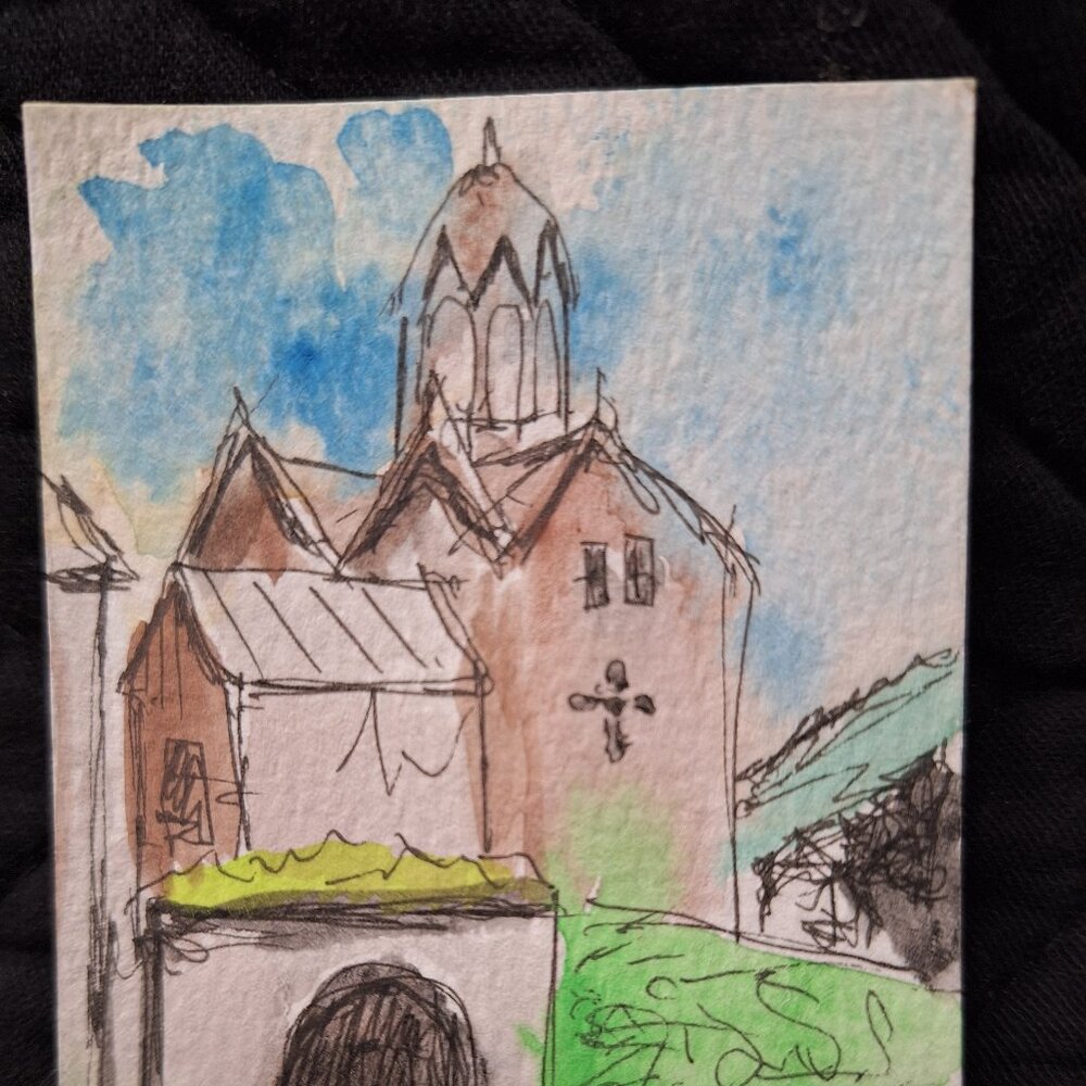 ACEO 2.5"x3.5" Watercolor Painting European Style Church Landscape Miniature